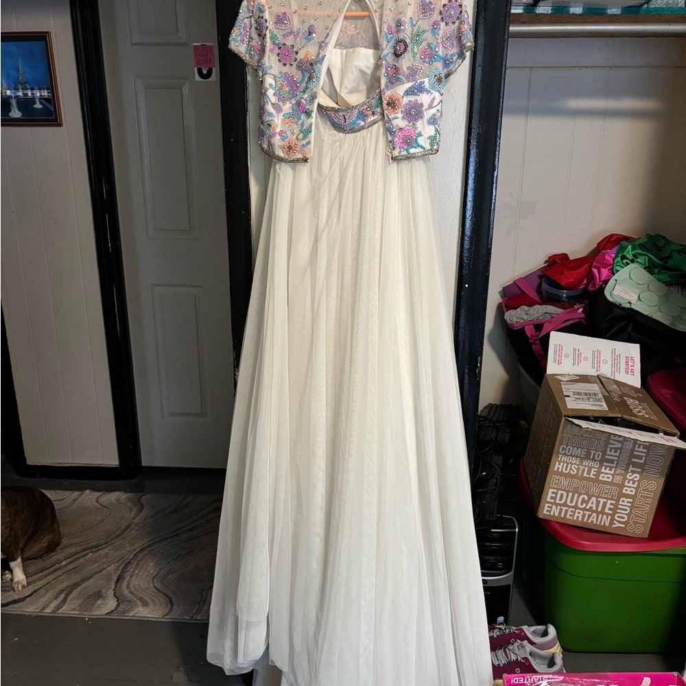Floral Embellished White Gown with Bolero